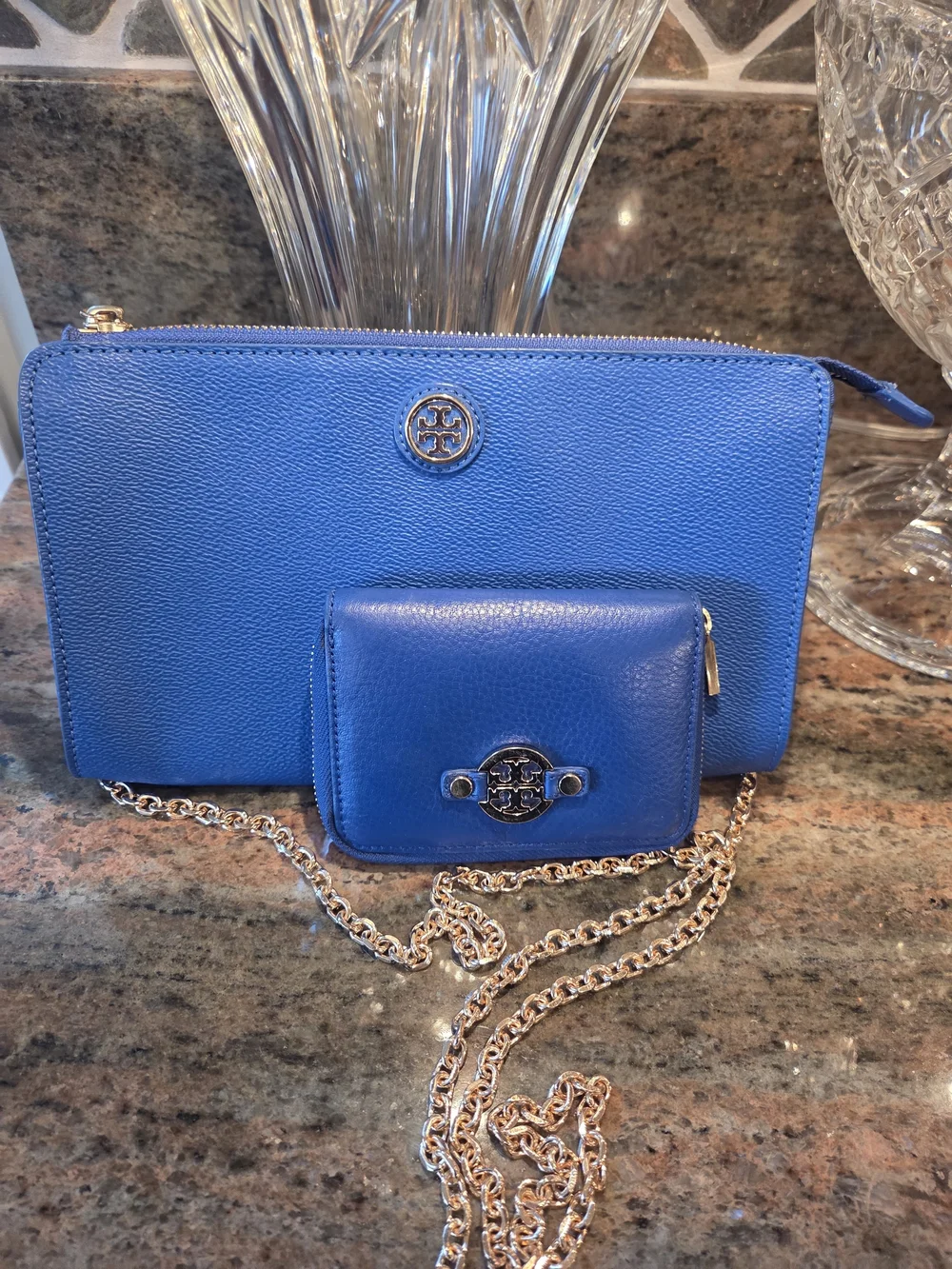 Tory Burch Kira Blue Leather Crossbody Bag And Matching Wallett
